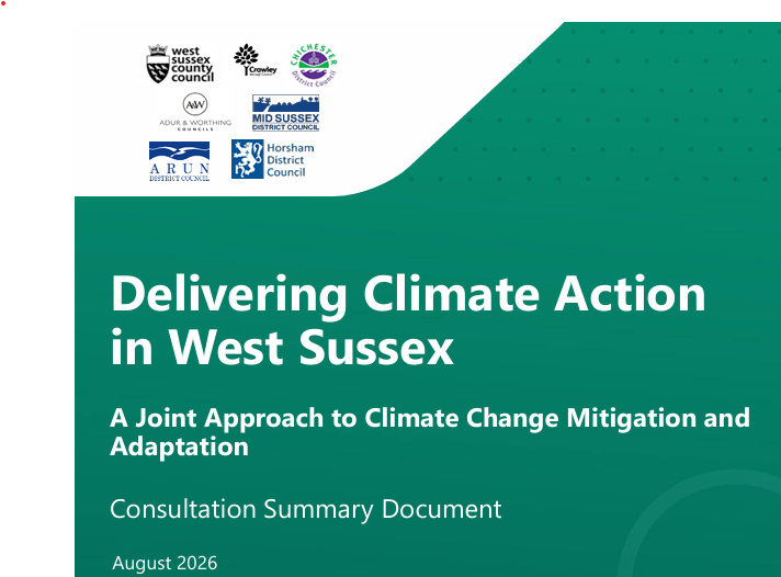 ClimateACtion Local Council Logos. Green background with white text "Delivering Climate Action in West Sussex A Joint Approach to Climate Change Mitigation and Adaptation Consultation Summary Document August 2026"